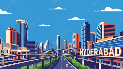 Vector illustration of Hyderabad cityscape showing a fast-growing Indian urban center with generic modern buildings, flyovers, and business districts in flat solid colors for corporate and travel