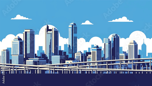 Vector illustration of Hyderabad cityscape showing a fast-growing Indian urban center with generic modern buildings, flyovers, and business districts in flat solid colors for corporate and travel