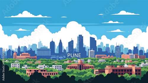 Vector illustration of Pune cityscape presenting a balanced Indian urban skyline with generic residential and business buildings, greenery, and modern lifestyle atmosphere in flat vector design