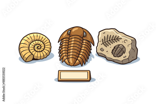 Fossil collection with trilobite, ammonite, and leaf print in stone