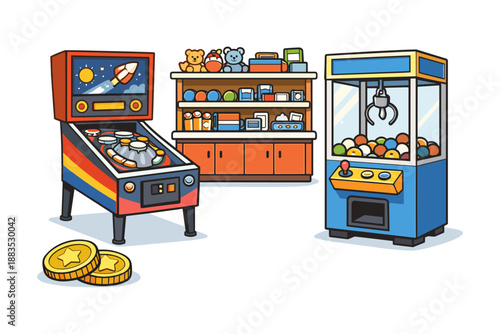 Retro arcade game room with pinball machine and claw crane in cartoon style
