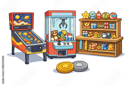 Retro arcade and toy store display with claw machine and pinball fun