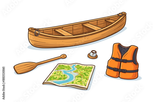 Adventure essentials: canoe, paddle, map, compass, life jacket for outdoor exploration