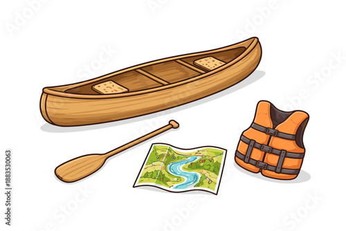 Canoeing adventure essentials: canoe, paddle, map, and life vest in cartoon style