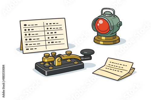 Vintage telegraph and morse code equipment set in isometric style