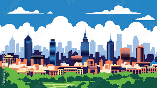 Vector illustration of Pune cityscape presenting a balanced Indian urban skyline with generic residential and business buildings, greenery, and modern lifestyle atmosphere in flat vector design