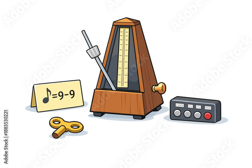 Retro mechanical metronome with musical symbols and digital timer