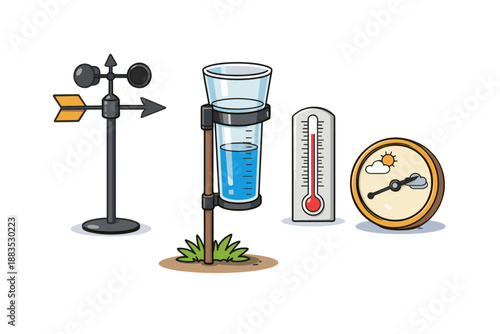 Weather instruments set: wind vane, rain gauge, thermometer, barometer cartoon style