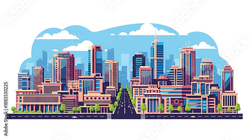 Vector illustration of Ahmedabad cityscape showing an expanding Indian urban skyline with generic buildings, wide streets, and modern infrastructure in flat solid colors for business and travel visual