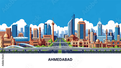 Vector illustration of Ahmedabad cityscape showing an expanding Indian urban skyline with generic buildings, wide streets, and modern infrastructure in flat solid colors for business and travel visual