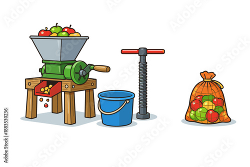 Apple crushing equipment with fruit grinder, bucket and bag of apples