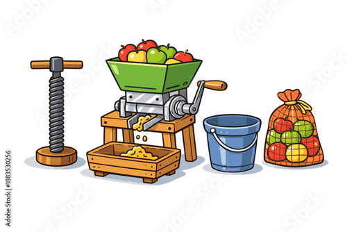 Apple cider press scene: flat design of juicing equipment and fresh fruit