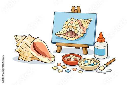 Creative seashell mosaic art with paint chips on easel and craft supplies