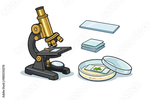 Vintage microscope with slides and petri dish on white background