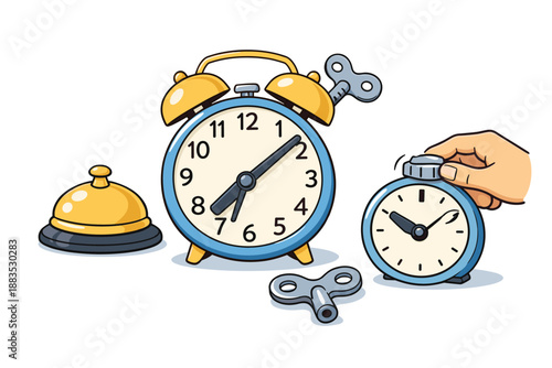 Vintage alarm clocks and hand winding concept illustration