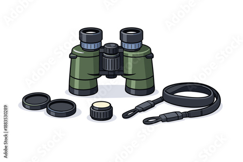 Isometric green binoculars with accessories on white background