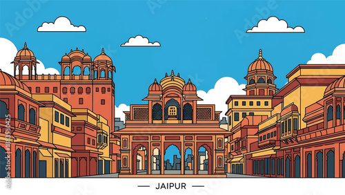 Vector illustration of Jaipur cityscape featuring traditional-inspired generic architecture, warm urban streets, and cultural Indian city atmosphere in flat solid colors for tourism and heritage theme