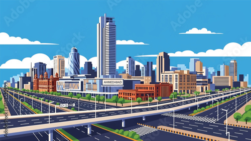 Vector illustration of Ahmedabad cityscape showing an expanding Indian urban skyline with generic buildings, wide streets, and modern infrastructure in flat solid colors for business and travel visual