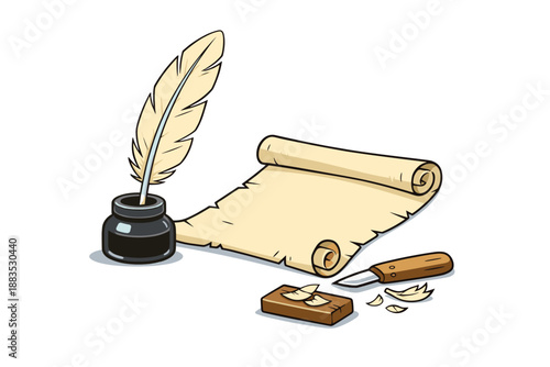 Ancient writing tools with quill, ink pot, and parchment in cartoon style