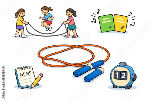 Children playing jump rope with stopwatch and score sheet in cartoon style