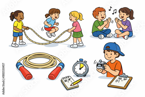Kids playtime activities: jump rope, clapping games, and more in cartoon style