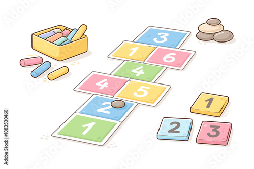 Colorful chalk hopscotch game with stones and pastel tiles on white background