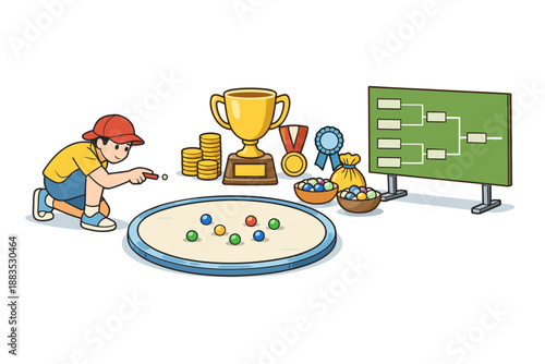 Marbles championship game with trophies and scoreboard in colorful cartoon style