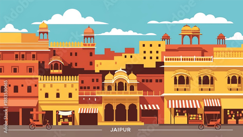 Vector illustration of Jaipur cityscape featuring traditional-inspired generic architecture, warm urban streets, and cultural Indian city atmosphere in flat solid colors for tourism and heritage theme