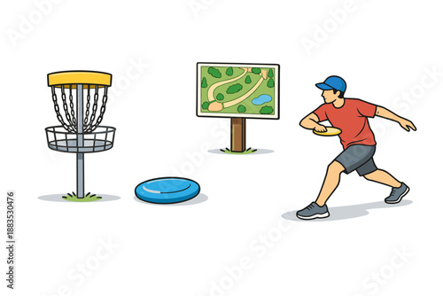Disc golf player in action on course with basket and map in colorful cartoon style