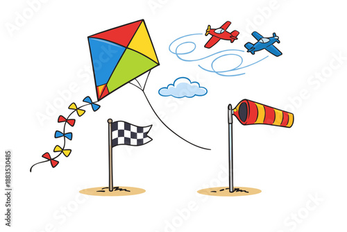 Colorful kite and airplanes in a sunny sky illustration with flag and windsock