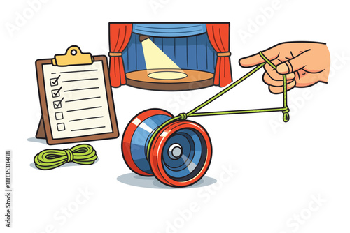 Retro yo-yo on stage with hand and checklist in vibrant cartoon style