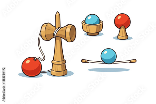 Colorful playground kendama toy set with wooden balls and cups illustrations