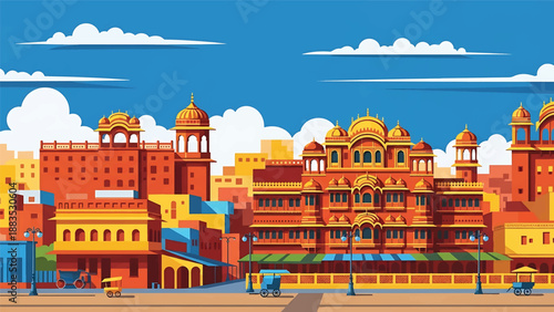 Vector illustration of Jaipur cityscape featuring traditional-inspired generic architecture, warm urban streets, and cultural Indian city atmosphere in flat solid colors for tourism and heritage theme