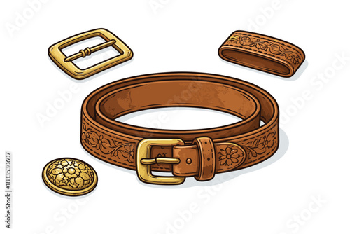 Intricately detailed leather belt with ornate gold buckles and floral carving