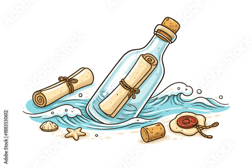 Message in a bottle with scrolls on ocean waves theme