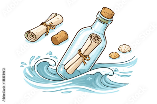 Message in a bottle amidst ocean waves with seashells