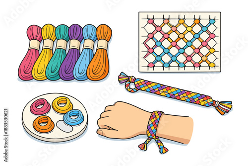 Colorful craft supplies for making friendship bracelets and patterns
