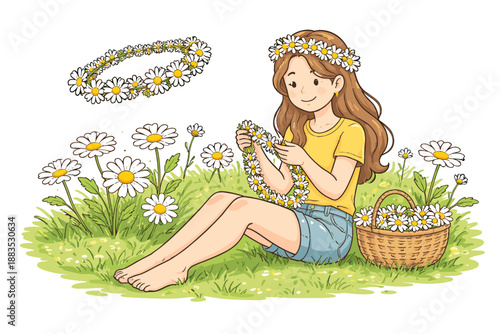 Girl crafting daisy garland in meadow scene with basket of flowers