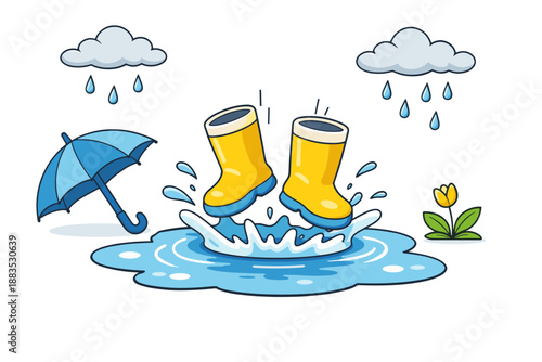 Playful rainy day scene with yellow boots splashing in a puddle