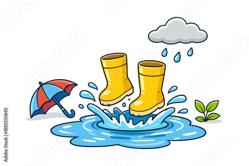 Yellow rain boots splashing in a puddle with umbrella and cloudy sky