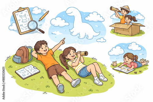 Children's imagination and play outdoors with dinosaur dreams and exploration