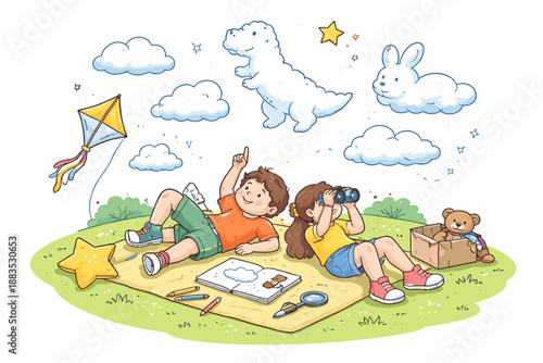 Children imagining in the clouds with dinosaurs and animals in a whimsical park setting