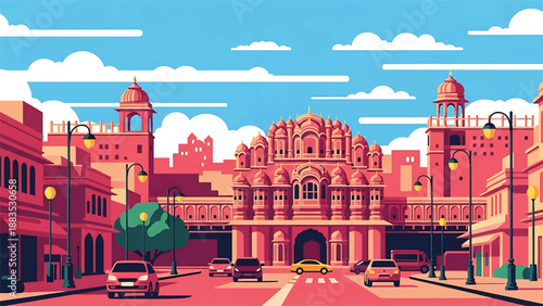 Vector illustration of Jaipur cityscape featuring traditional-inspired generic architecture, warm urban streets, and cultural Indian city atmosphere in flat solid colors for tourism and heritage theme