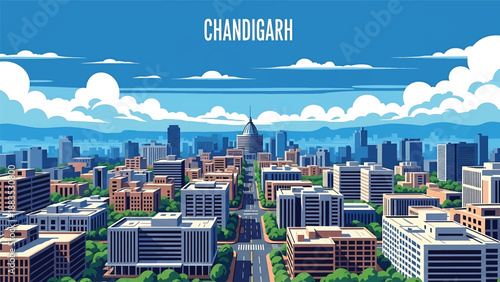 Vector illustration of Chandigarh cityscape showing a planned Indian city with organized blocks, clean roads, and generic modern buildings in flat vector style for urban planning visuals
