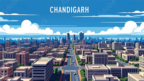 Vector illustration of Chandigarh cityscape showing a planned Indian city with organized blocks, clean roads, and generic modern buildings in flat vector style for urban planning visuals