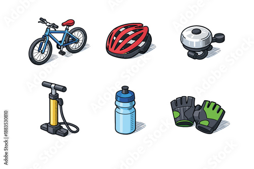 Bicycle accessories set: isometric gear and equipment for cycling enthusiasts