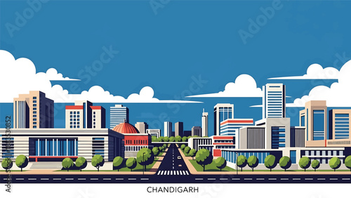 Vector illustration of Chandigarh cityscape showing a planned Indian city with organized blocks, clean roads, and generic modern buildings in flat vector style for urban planning visuals