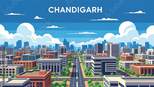 Vector illustration of Chandigarh cityscape showing a planned Indian city with organized blocks, clean roads, and generic modern buildings in flat vector style for urban planning visuals