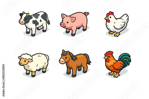 Isometric farm animals collection: cow, pig, chicken, sheep, horse, rooster