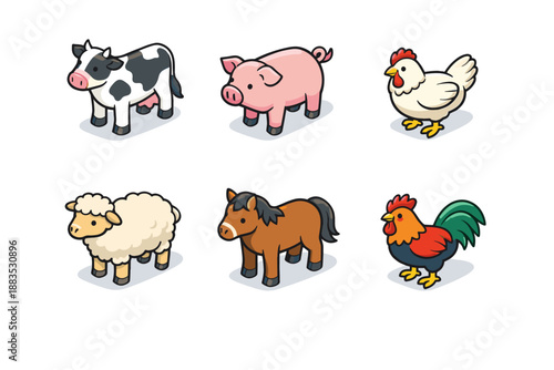 Cute isometric farm animals set: cow, pig, chicken, sheep, horse, rooster